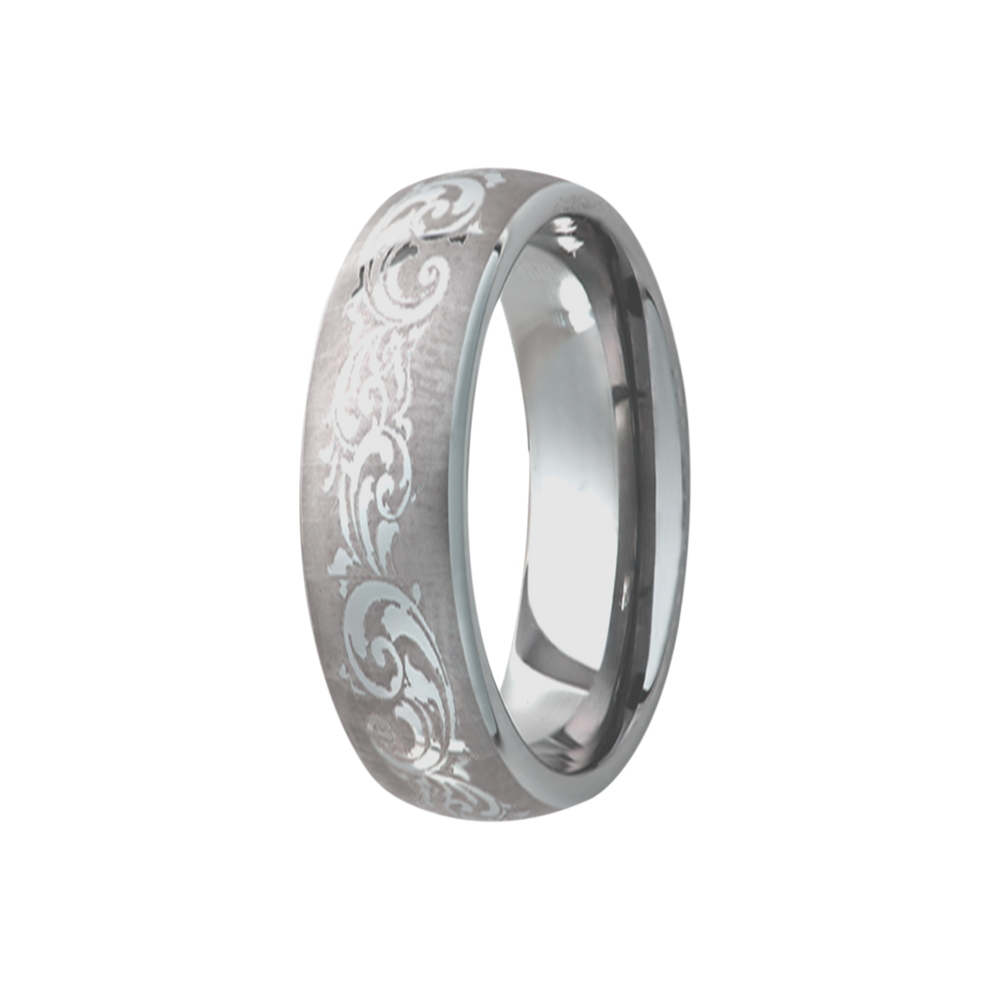 Tungsten Dome Polished Ring with Scroll Engraving