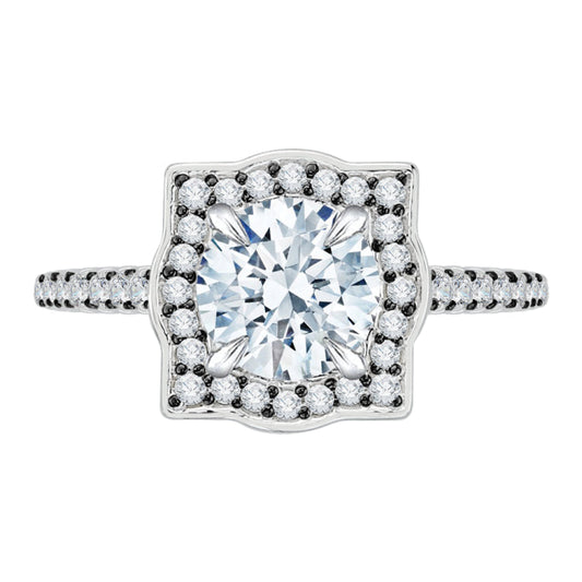 14K White Gold with Black Rhodium Tips Round Diamond Halo Vintage Engagement Ring (Semi-Mount)