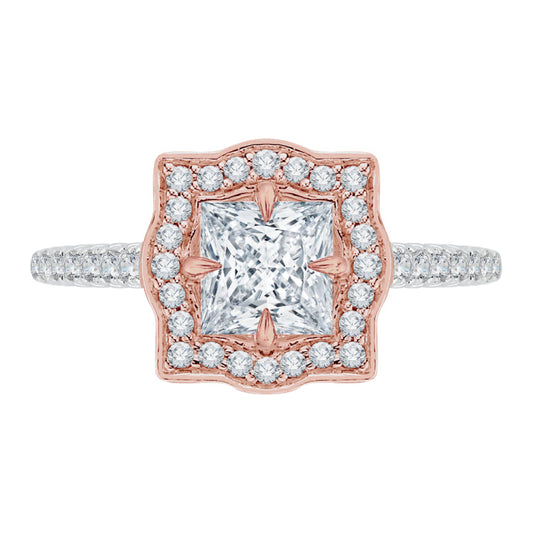 14K Two-Tone Gold Princess Cut Diamond Halo Vintage Engagement Ring (Semi-Mount)