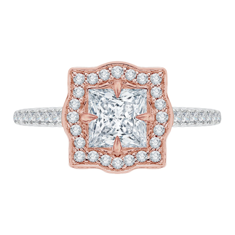 14K Two-Tone Gold Princess Cut Diamond Halo Vintage Engagement Ring (Semi-Mount)