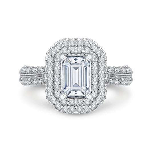 14K White Gold Split Shank Emerald Diamond Double Halo Engagement Ring (Semi-Mount)