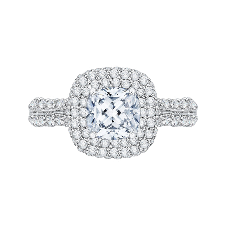 14K White Gold Split Shank Cushion Diamond Double Halo Engagement Ring (Semi-Mount)