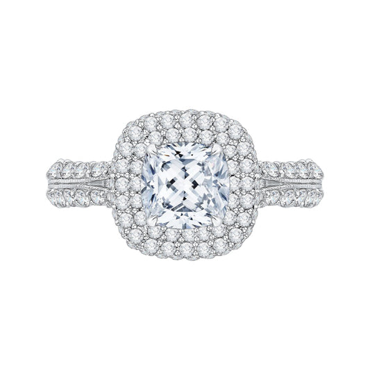 14K White Gold Split Shank Cushion Diamond Double Halo Engagement Ring (Semi-Mount)