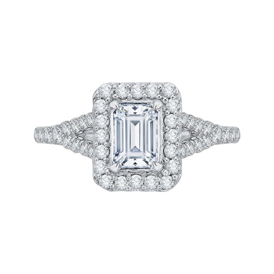 14K White Gold Emerald Cut Diamond Halo Engagement Ring with Split Shank (Semi-Mount)
