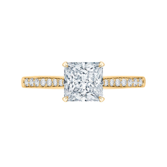 14K Yellow Gold Princess Cut Diamond Solitaire with Accents Engagement Ring (Semi-Mount)