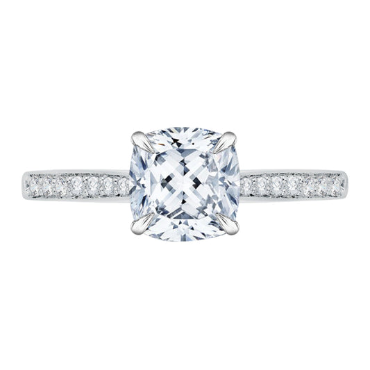 14K White Gold Cushion Cut Diamond Solitaire with Accents Engagement Ring (Semi-Mount)