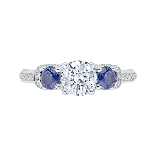 14K White Gold Euro Shank Round Diamond and Sapphire Three-Stone Engagement Ring (Semi-Mount)