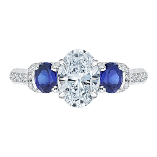 14K White Gold Oval Diamond With Sapphire Three-Stone Engagement Ring (Semi-Mount)