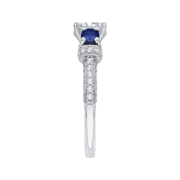 14K White Gold Oval Diamond With Sapphire Three-Stone Engagement Ring (Semi-Mount)