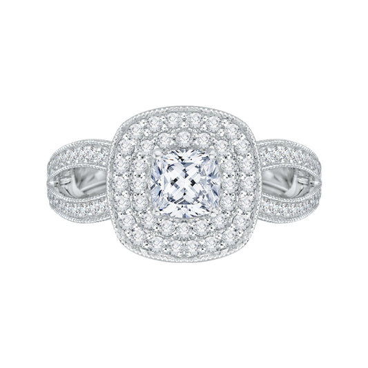 14K White Gold Cushion Cut Diamond Double Halo Engagement Ring with Split Shank