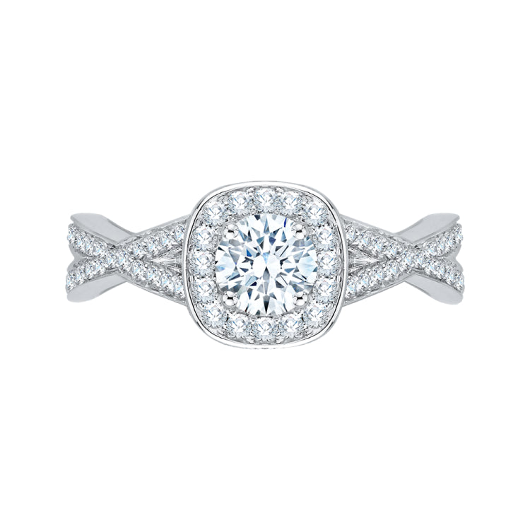 14K White Gold Round Diamond Halo Engagement Ring with Split Shank