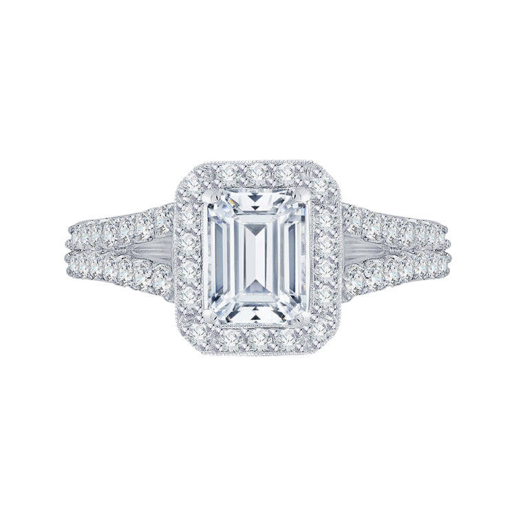 14K White Gold Emerald Diamond Halo Engagement Ring with Split Shank