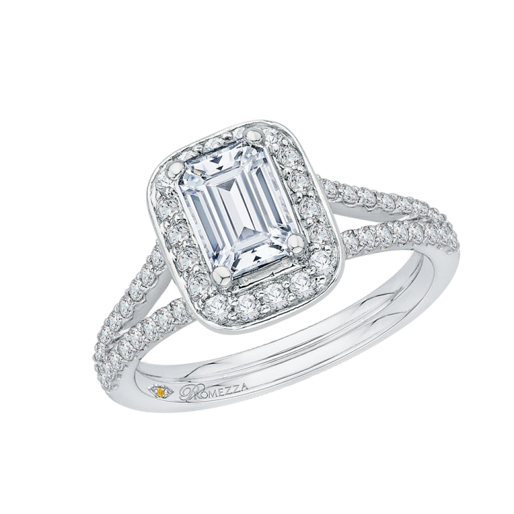 14K White Gold Emerald Diamond Halo Engagement Ring with Split Shank