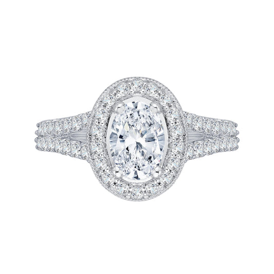 Oval Diamond Halo Engagement Ring In 14K White Gold with Split Shank