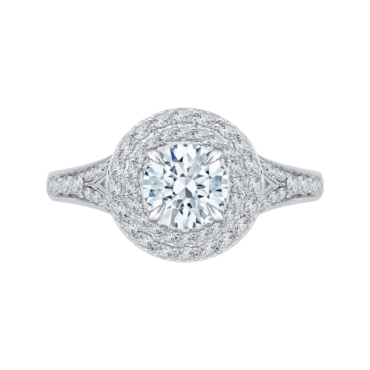 14K Two-Tone Gold Round Diamond Double Halo Engagement Ring with Split Shank (Semi-Mount)