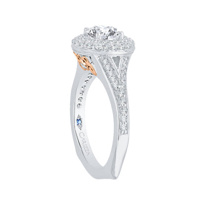 14K Two-Tone Gold Round Diamond Double Halo Engagement Ring with Split Shank (Semi-Mount)