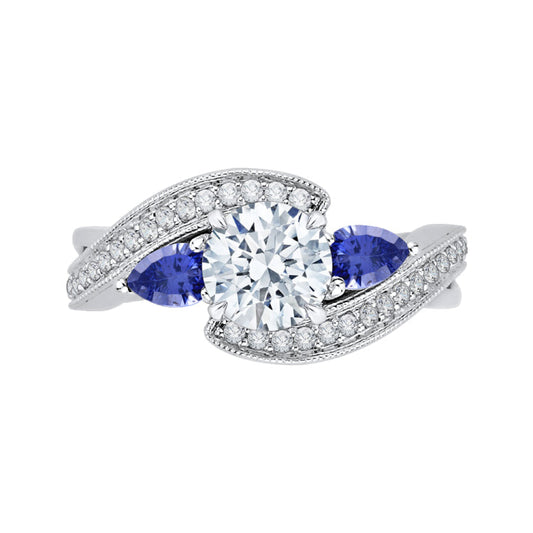 14K White Gold Round Diamond and Sapphire Engagement Ring (Semi-Mount)