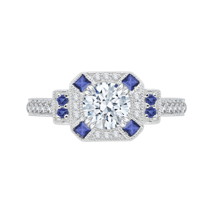 14K Two-Tone Gold Round Diamond and Sapphire Engagement Ring (Semi-Mount)