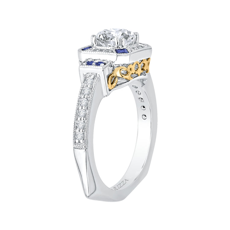14K Two-Tone Gold Round Diamond and Sapphire Engagement Ring (Semi-Mount)