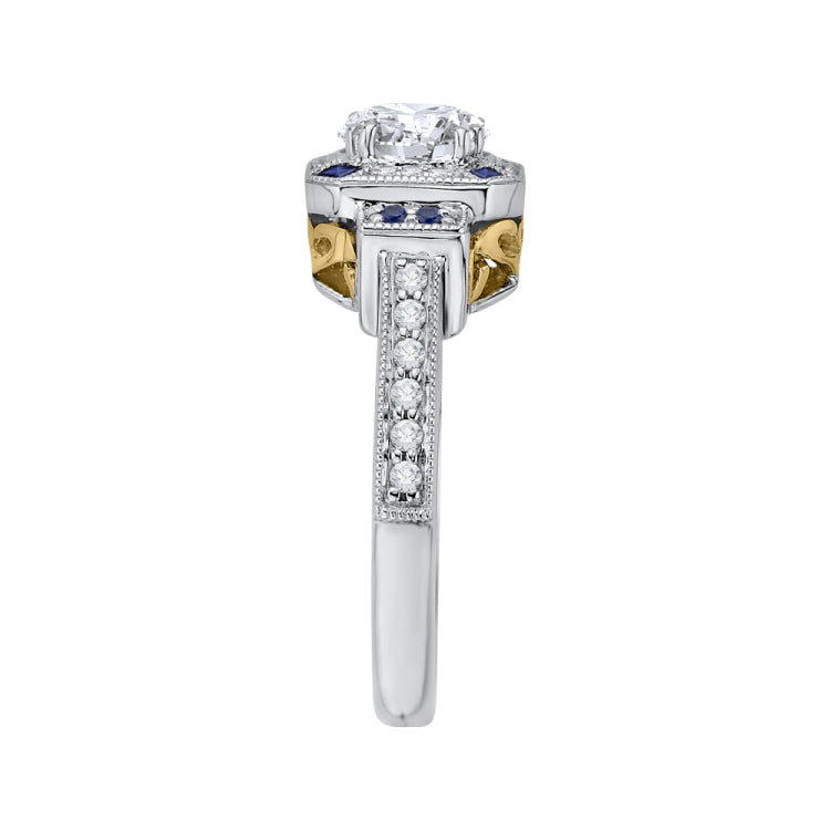 14K Two-Tone Gold Round Diamond and Sapphire Engagement Ring (Semi-Mount)