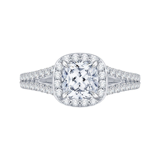 14K White Gold Cushion Cut Diamond Halo Engagement Ring with Split Shank (Semi-Mount)