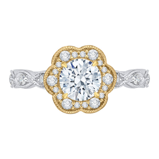 14K Tow-Tone Gold Round Cut Diamond Floral Halo Engagement Ring (Semi-Mount)