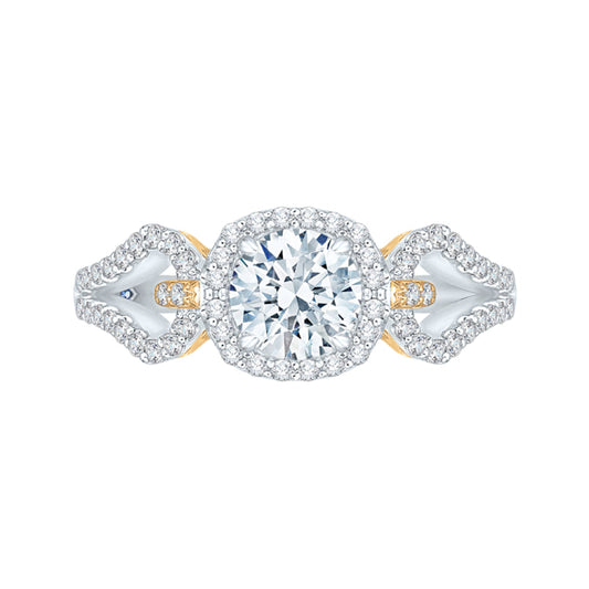 14K Tow-Tone Gold Round Diamond Halo Engagement Ring with Split Shank (Semi-Mount)