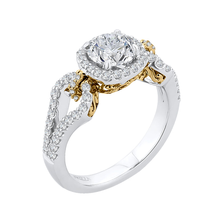 14K Tow-Tone Gold Round Diamond Halo Engagement Ring with Split Shank (Semi-Mount)