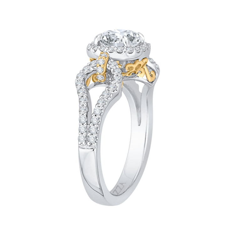 14K Tow-Tone Gold Round Diamond Halo Engagement Ring with Split Shank (Semi-Mount)