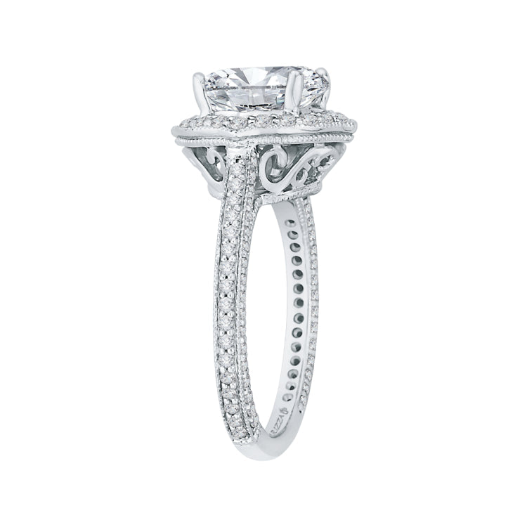 Round Cut Diamond Halo Engagement Ring with 18K White Gold (Semi-Mount)