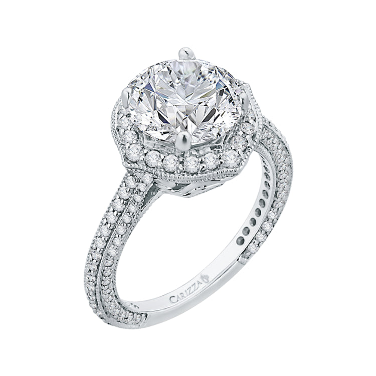 Round Cut Diamond Halo Engagement Ring with 18K White Gold (Semi-Mount)
