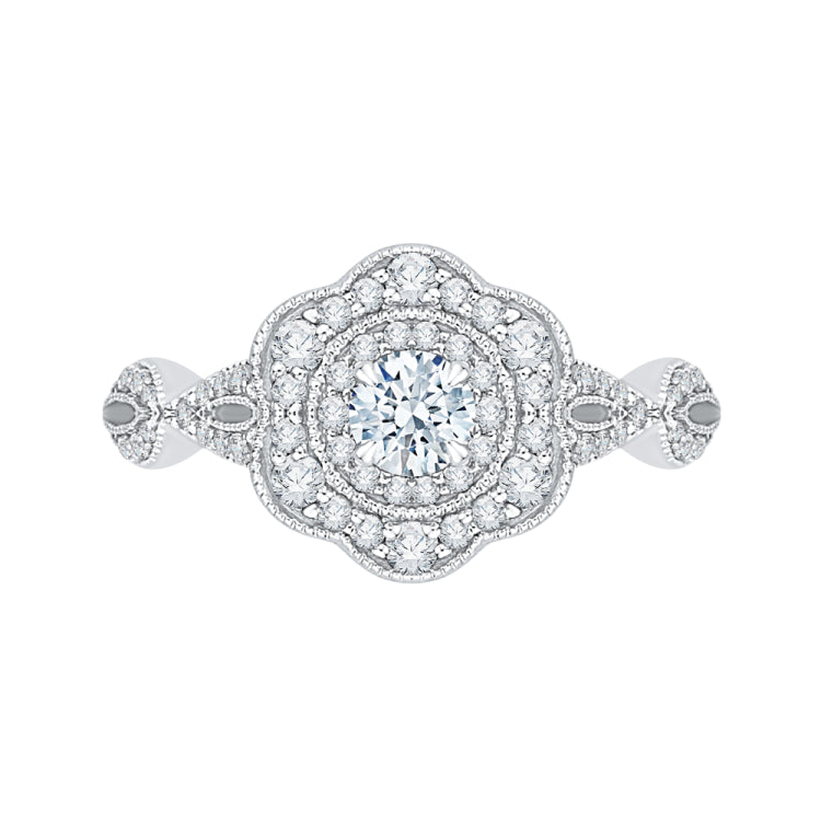 14K White Gold Round Diamond Floral Halo Engagement Ring