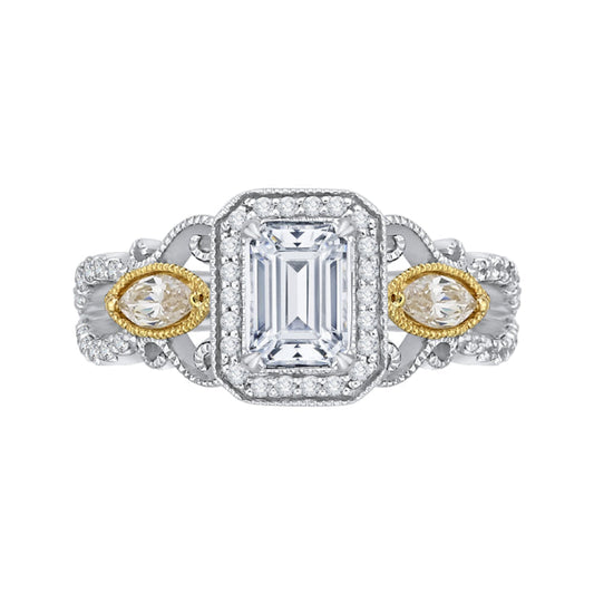 14K Two-Tone Gold Emerald Cut Diamond Halo Engagement Ring (Semi-Mount)