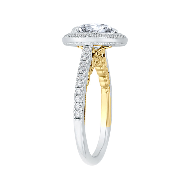 18K Two-Tone Gold Round Cut Double Halo Diamond Engagement Ring (Semi-Mount)