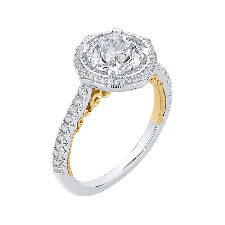 18K Two-Tone Gold Round Cut Double Halo Diamond Engagement Ring (Semi-Mount)