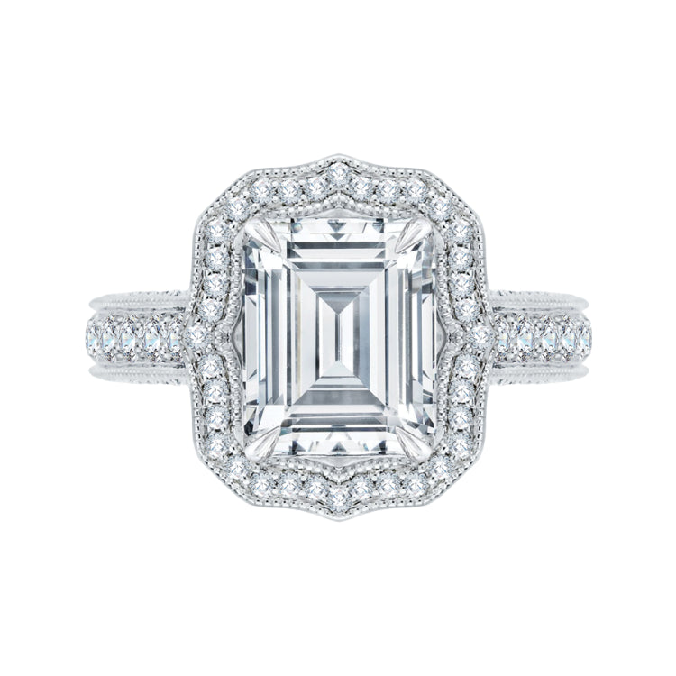 Emerald Cut Diamond Halo Bridal Engagement Ring In 18K White Gold (Semi-Mount)