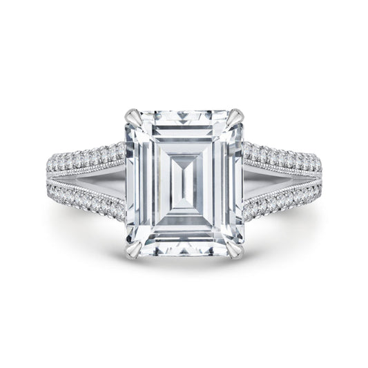 18K White Gold Emerald Cut Diamond Bridal Engagement Ring with Split Shank (Semi-Mount)