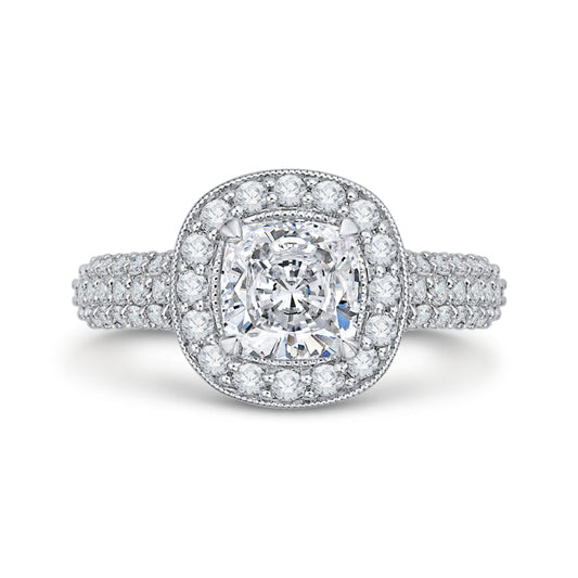 14K White Gold Cushion Diamond Halo Cathedral Style Engagement Ring (Semi-Mount)