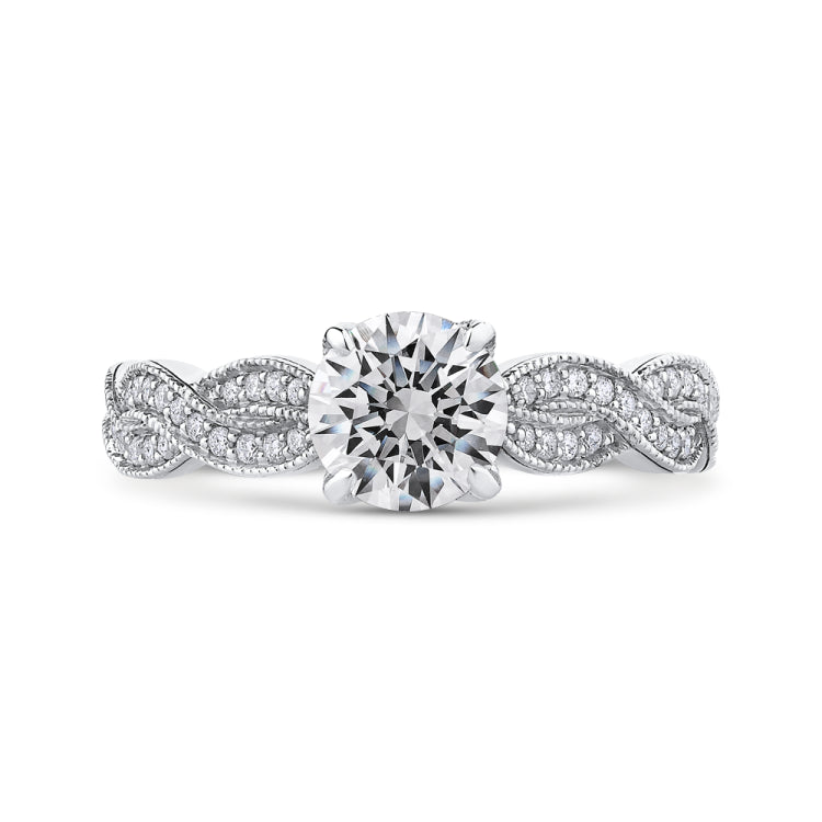 14K White Gold Round Diamond Floral Engagement Ring with Criss-Cross Shank (Semi-Mount)
