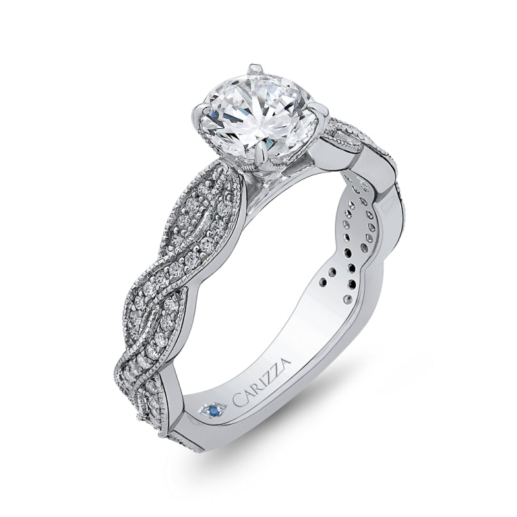 14K White Gold Round Diamond Floral Engagement Ring with Criss-Cross Shank (Semi-Mount)