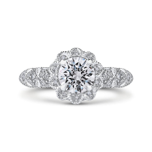 14K White Gold Round Cut Diamond Flower Halo Engagement Ring (Semi-Mount)