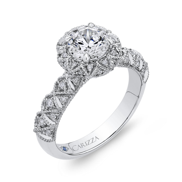 14K White Gold Round Cut Diamond Flower Halo Engagement Ring (Semi-Mount)