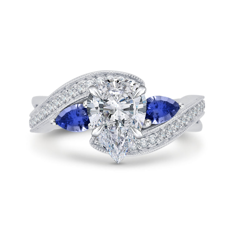 14K White Gold Pear Diamond Engagement Ring with Sapphire (Semi-Mount)