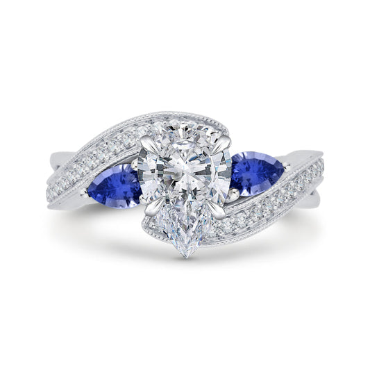 14K White Gold Pear Diamond Engagement Ring with Sapphire (Semi-Mount)