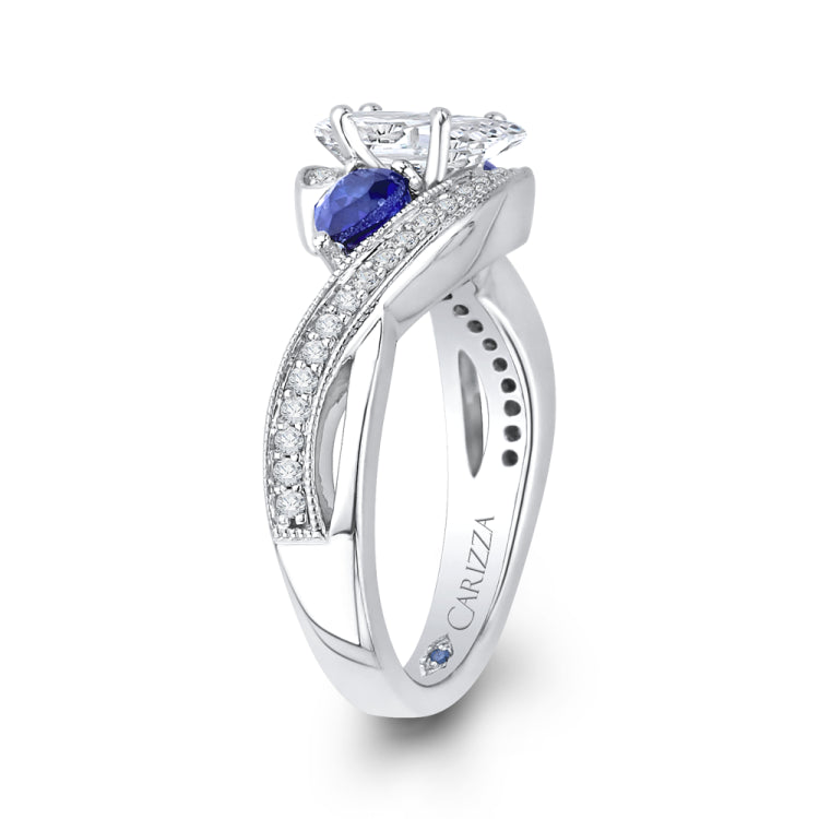 14K White Gold Pear Diamond Engagement Ring with Sapphire (Semi-Mount)