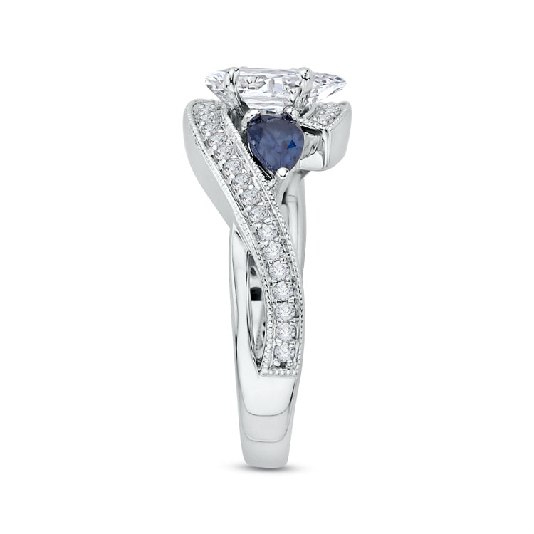 14K White Gold Pear Diamond Engagement Ring with Sapphire (Semi-Mount)