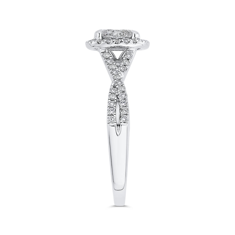 14K White Gold Round Cut Diamond Halo Engagement Ring with Criss-Cross Shank