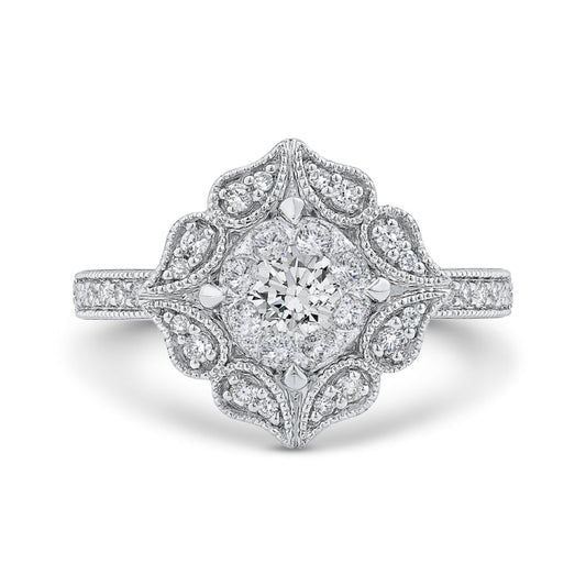 14K White Gold Round Cut Diamond Flower Shape Engagement Ring