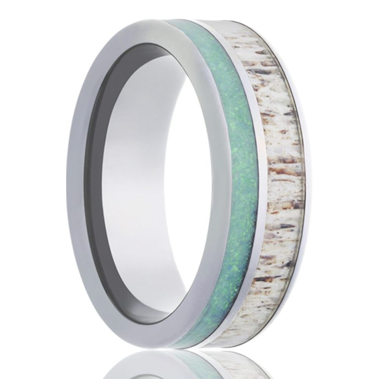 Cobalt Comfort Fit Polished Ring with Antler and Opal