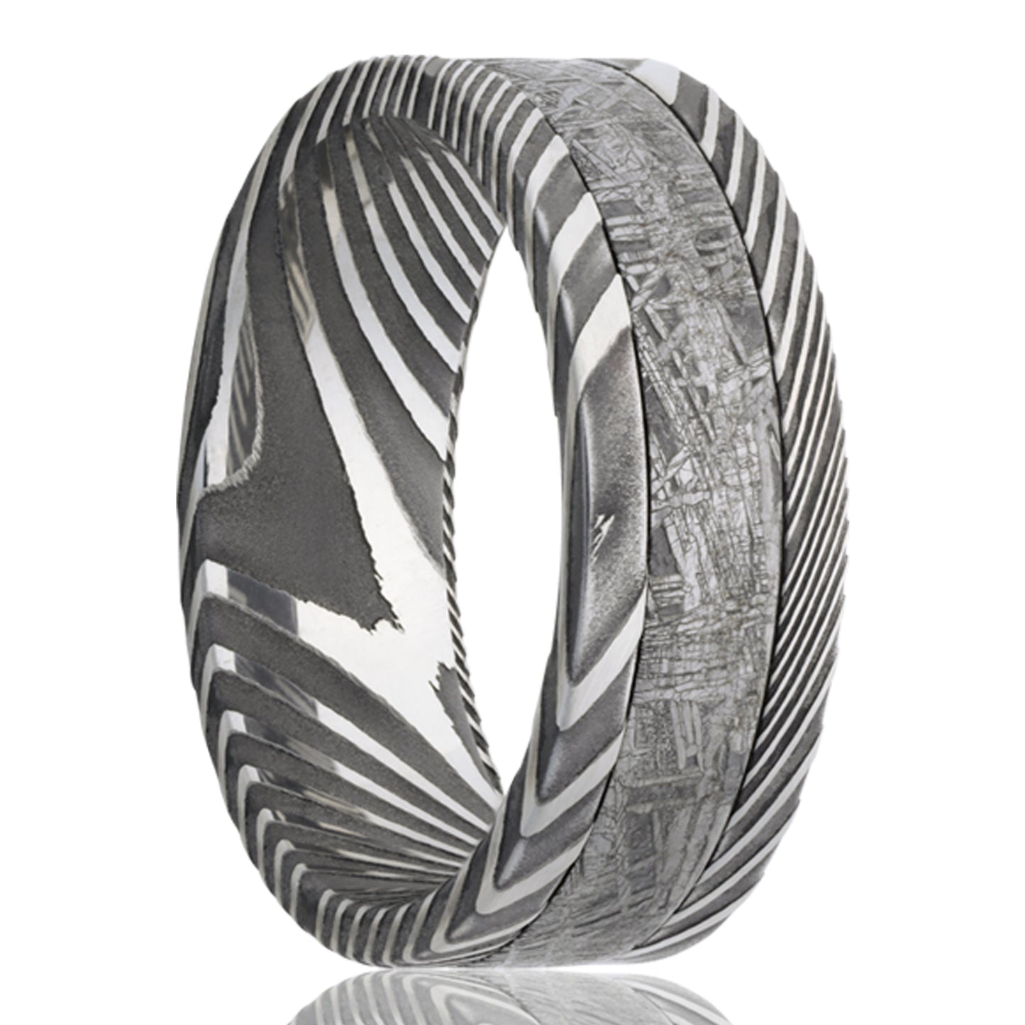 Damascus Meteorite Inlay Ring - Flat Comfort Fit
